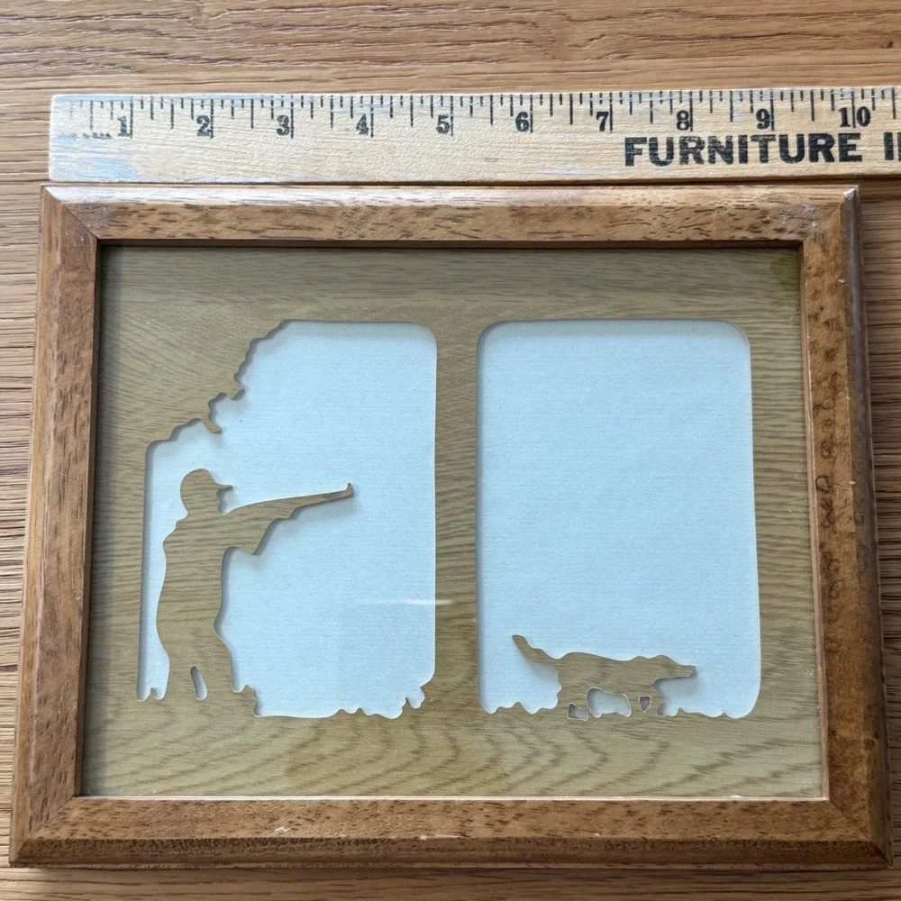 Vintage Rustic Wood Hunting Picture Frame Hunter and Dog Silhouette 7.5x9.5